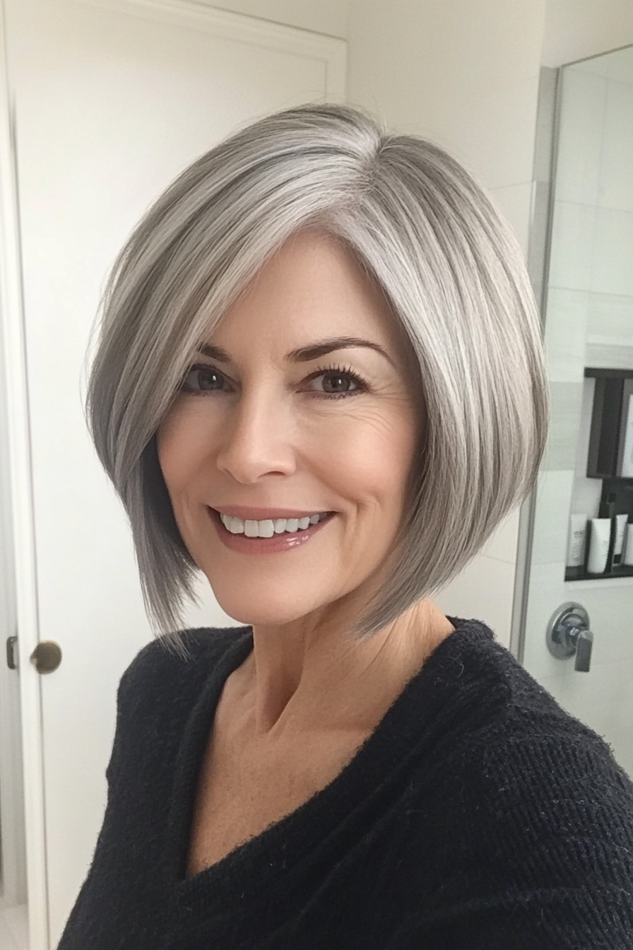 14. Side-Parted Bob in Natural Gray (Short Hairstyles For Older Women With Thin Hair) - Short Hairstyles For Older Women With Thin Hair