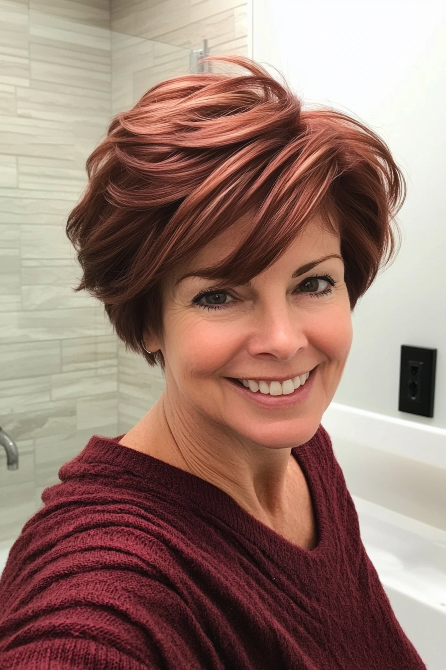 15. Tousled Pixie in Rich Mahogany (Short Hairstyles For Older Women With Thin Hair) - Short Hairstyles For Older Women With Thin Hair