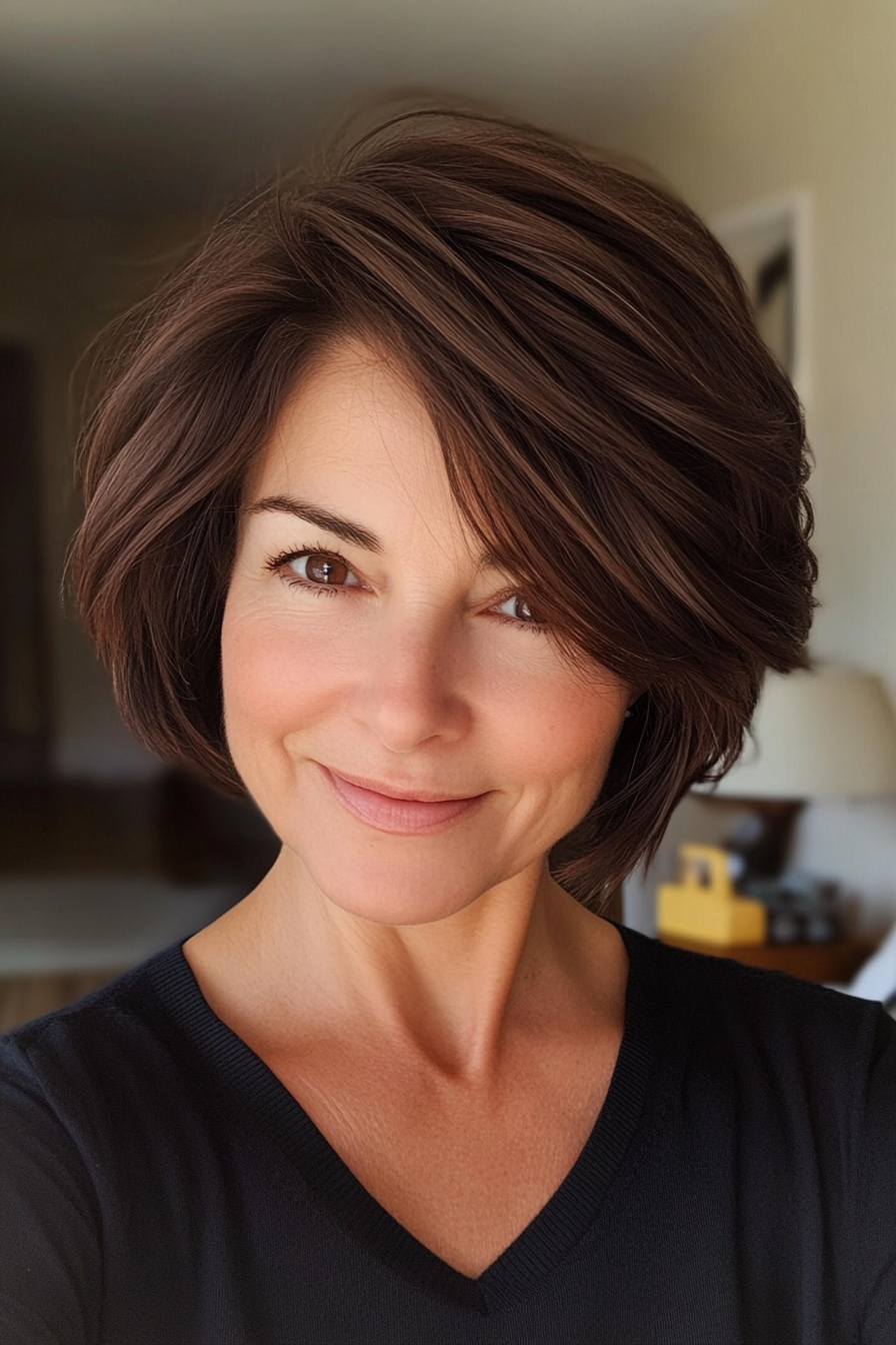 17. Wispy Layered Cut in Dark Chocolate Brown (Short Hairstyles For Older Women With Thin Hair) - Short Hairstyles For Older Women With Thin Hair