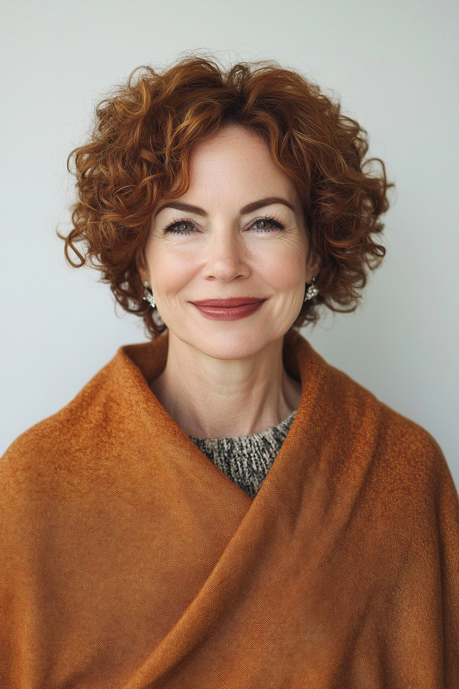 21. Short Curly Bob in Cinnamon Brown (Short Hairstyles For Older Women With Thin Hair) - Short Hairstyles For Older Women With Thin Hair