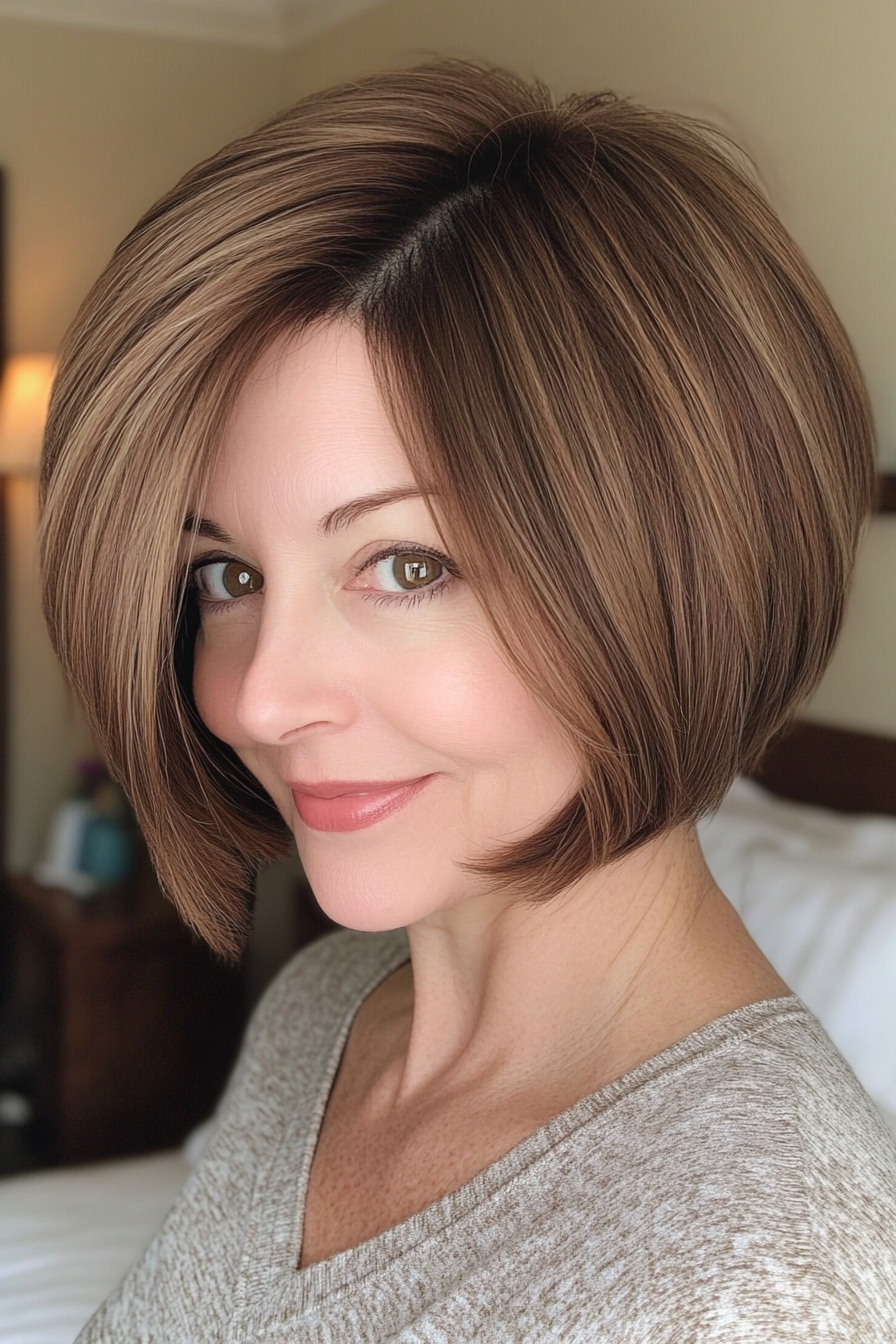 23. Rounded Bob in Honey Brunette (Short Hairstyles For Older Women With Thin Hair) - Short Hairstyles For Older Women With Thin Hair