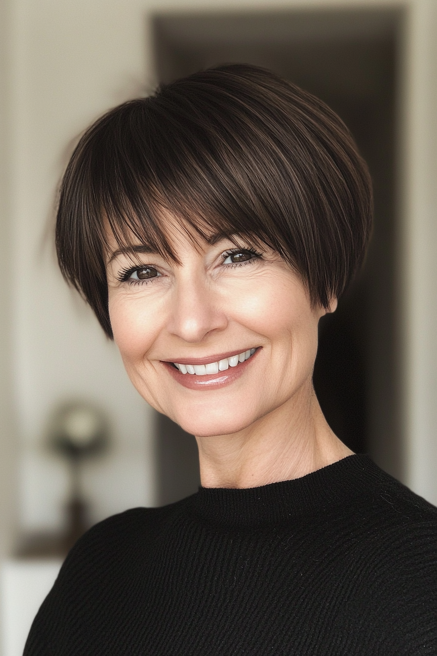 25. Swooped Bangs Pixie in Deep Espresso (Short Hairstyles For Older Women With Thin Hair) - Short Hairstyles For Older Women With Thin Hair