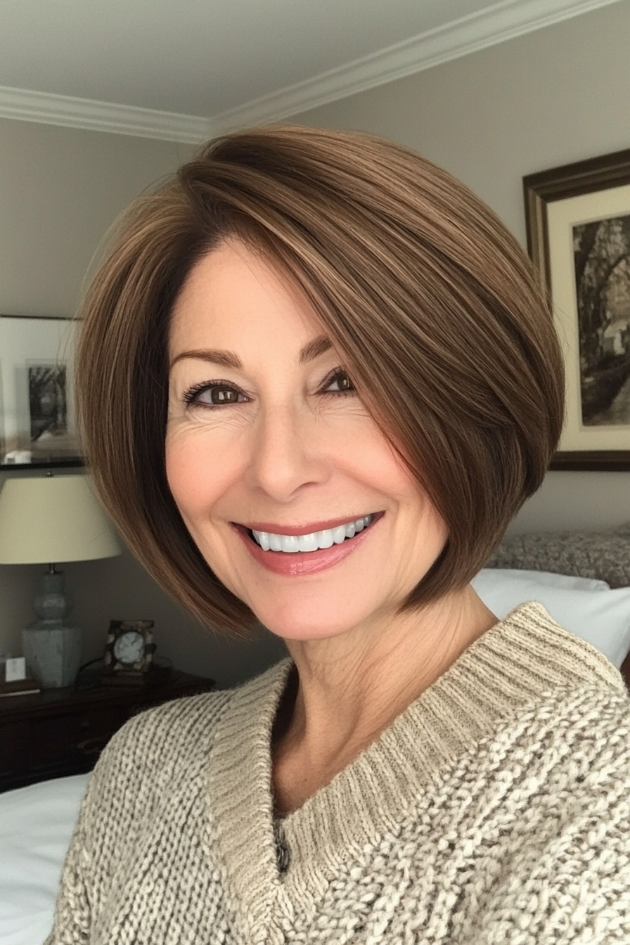 26. Tapered Neckline Bob in Warm Walnut Brown (Short Hairstyles For Older Women With Thin Hair) - Short Hairstyles For Older Women With Thin Hair