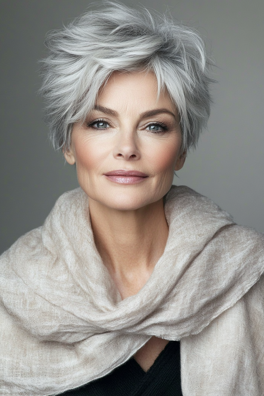 1. Soft Layered Pixie in Silver Ash (Short Hairstyles For Older Women With Thin Hair) - Short Hairstyles For Older Women With Thin Hair