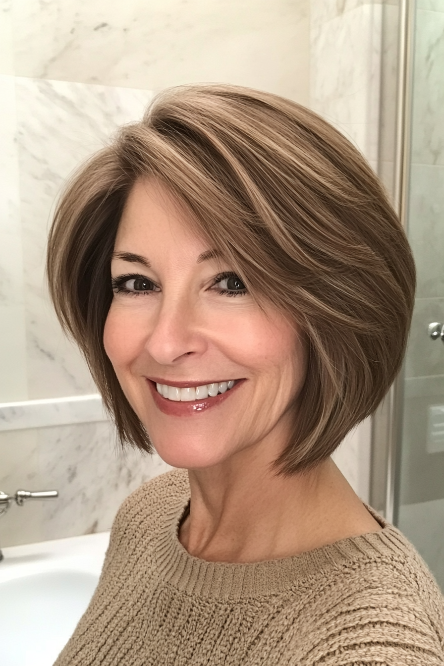 2. Feathered Bob in Warm Chestnut (Short Hairstyles For Older Women With Thin Hair) - Short Hairstyles For Older Women With Thin Hair
