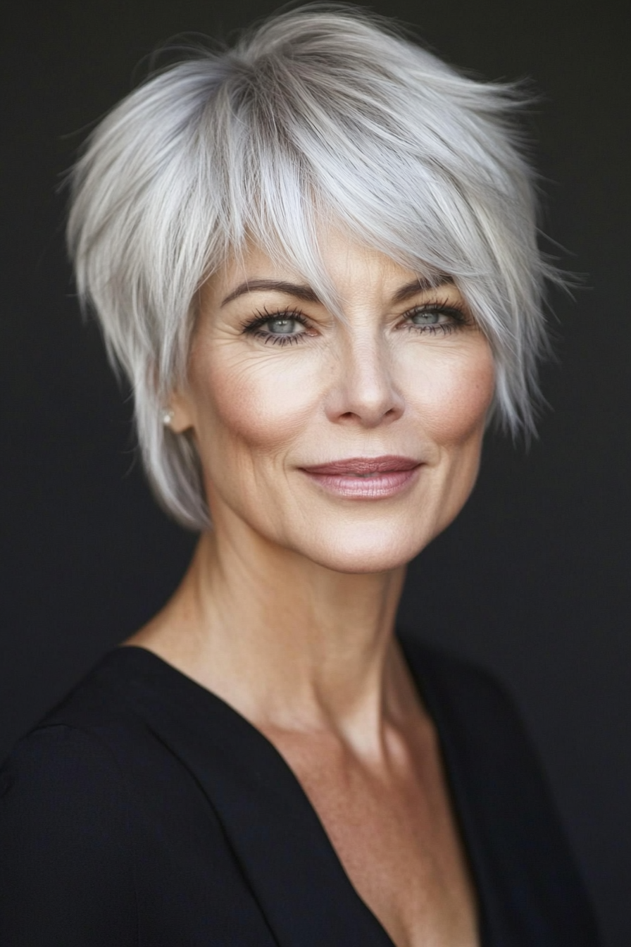 6. Asymmetrical Pixie in Icy Platinum (Short Hairstyles For Older Women With Thin Hair) - Short Hairstyles For Older Women With Thin Hair