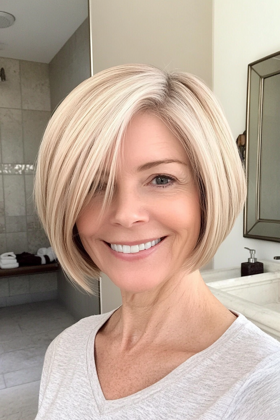 8. Chin-Length Bob in Sandy Blonde (Short Hairstyles For Older Women With Thin Hair) - Short Hairstyles For Older Women With Thin Hair