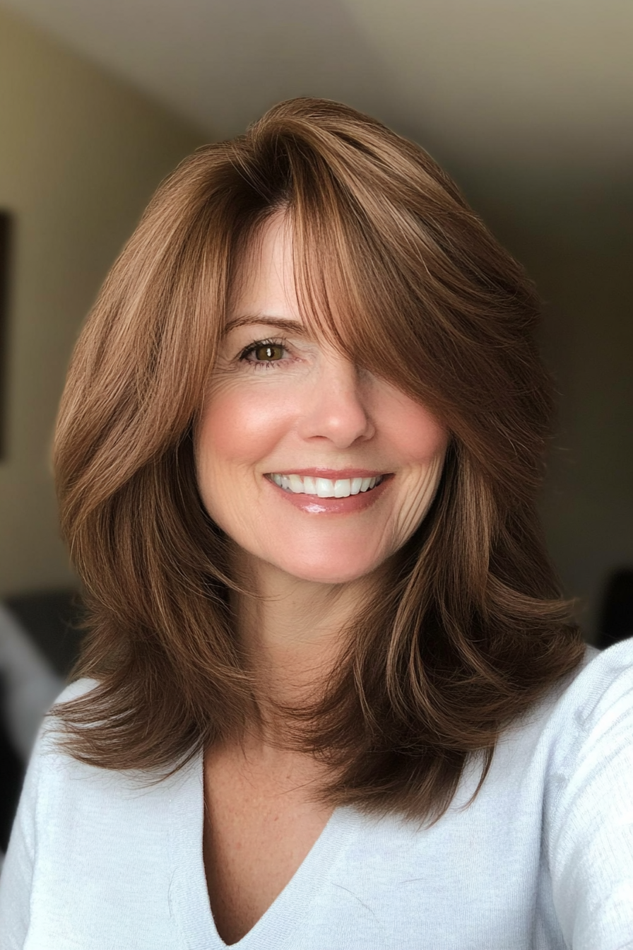 1. Feathered Chestnut Shag (Shaggy Haircuts For Older Women) - Shaggy Haircuts For Older Women