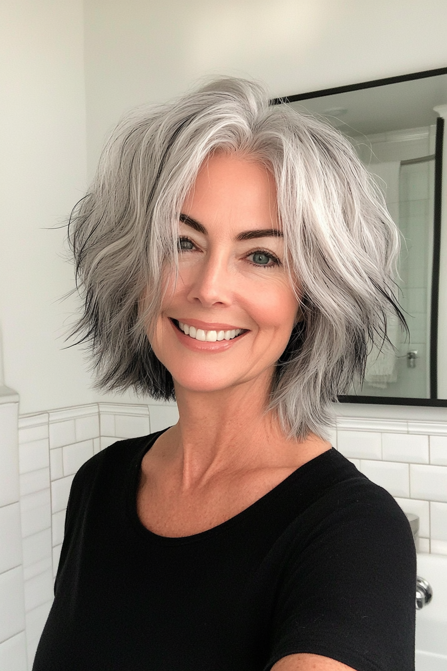 2. Salt-and-Pepper Layered Bob (Shaggy Haircuts For Older Women) - Shaggy Haircuts For Older Women