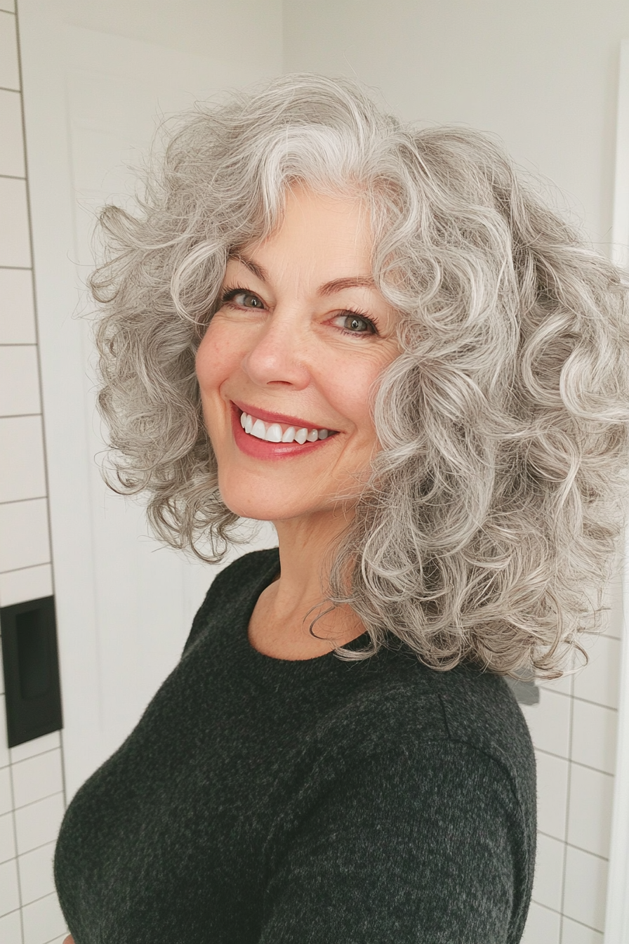 6. Curly Silver-Gray Shag (Shaggy Haircuts For Older Women) - Shaggy Haircuts For Older Women