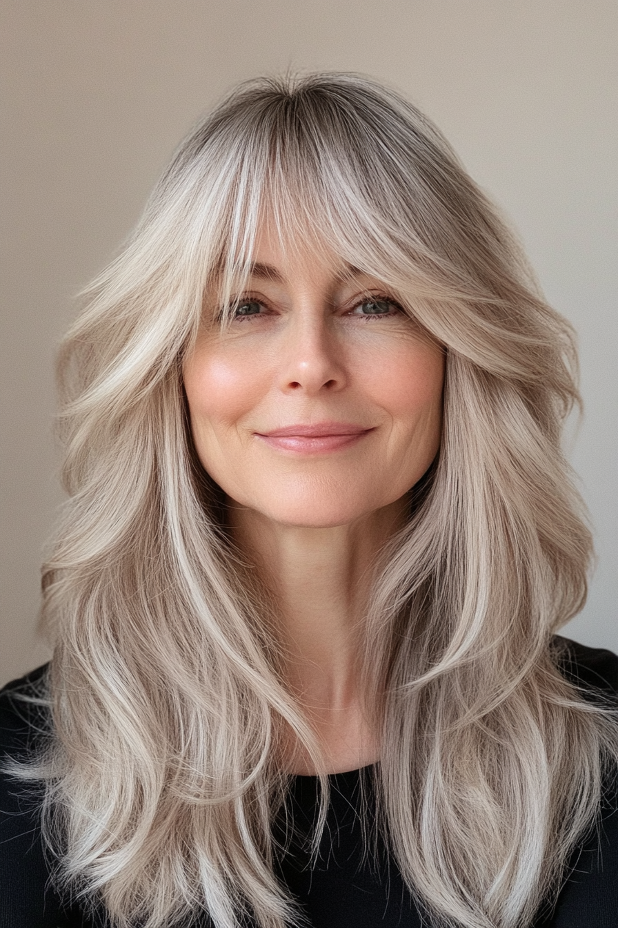 10. Long Ash Blonde Shag with Bangs (Shaggy Haircuts For Older Women) - Shaggy Haircuts For Older Women