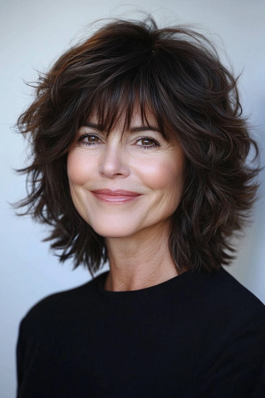 11. Textured Dark Brown Shag Cut (Shaggy Haircuts For Older Women) - Shaggy Haircuts For Older Women