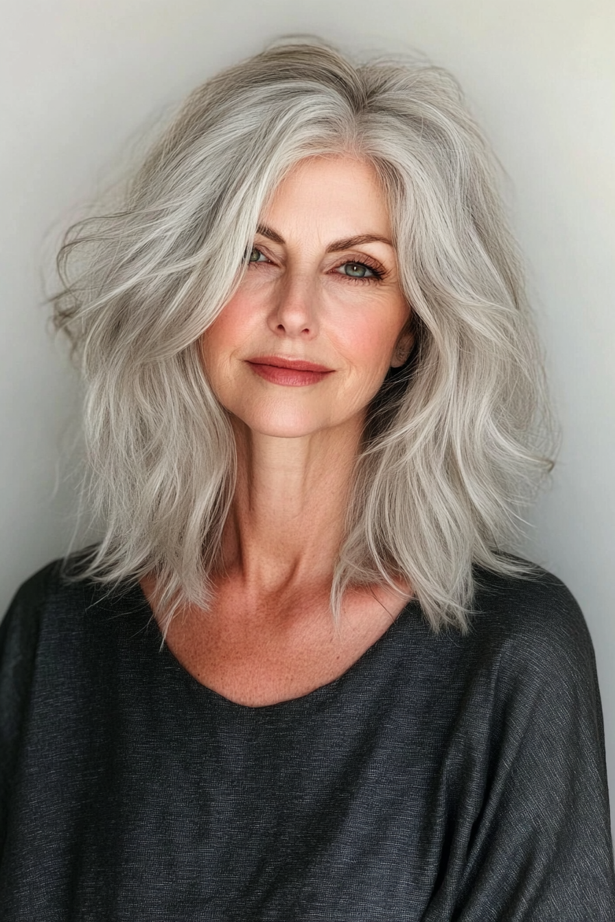 12. Face-Framing Silver Shag (Shaggy Haircuts For Older Women) - Shaggy Haircuts For Older Women