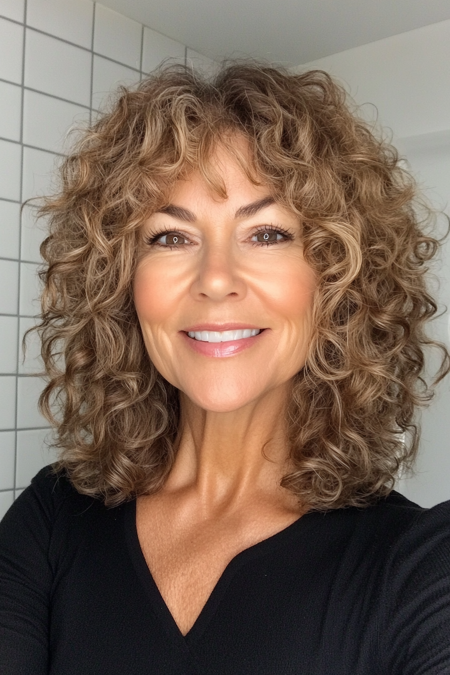 15. Curly Shoulder-Length Golden Brown Shag (Shaggy Haircuts For Older Women) - Shaggy Haircuts For Older Women
