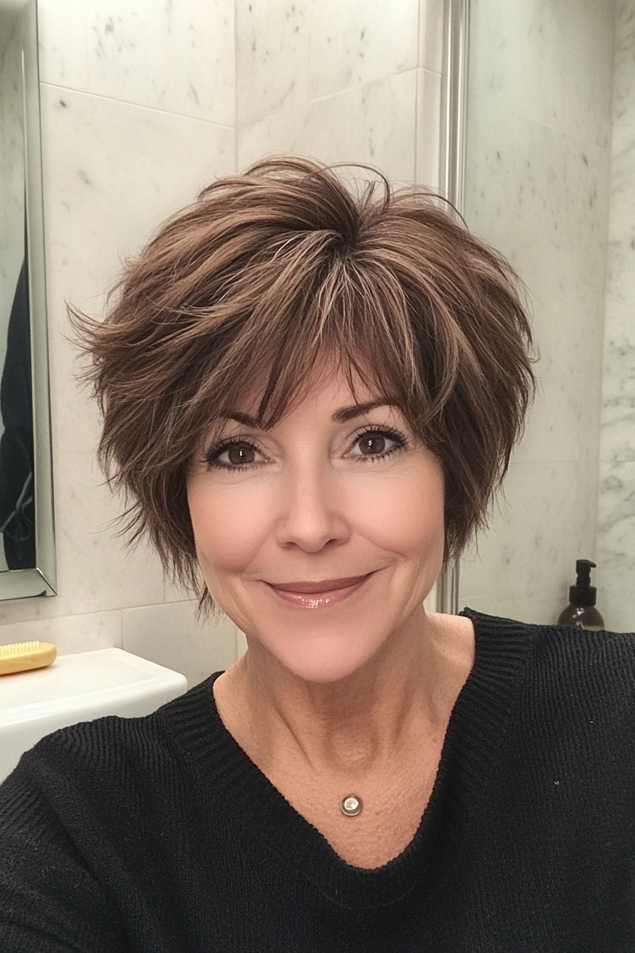 16. Tapered Warm Brown Pixie Shag (Shaggy Haircuts For Older Women) - Shaggy Haircuts For Older Women