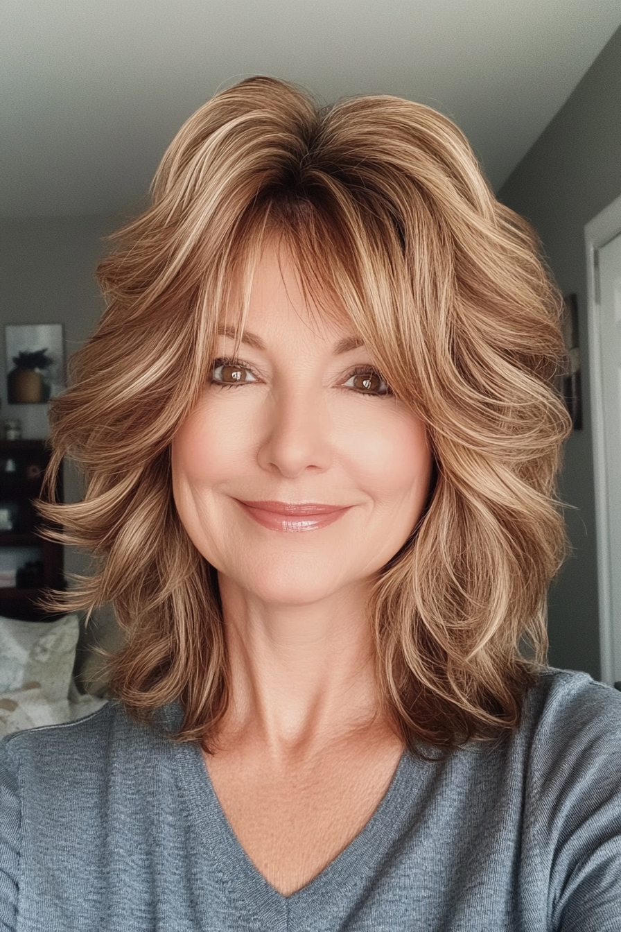 17. Soft-Wave Honey Brown Shag (Shaggy Haircuts For Older Women) - Shaggy Haircuts For Older Women