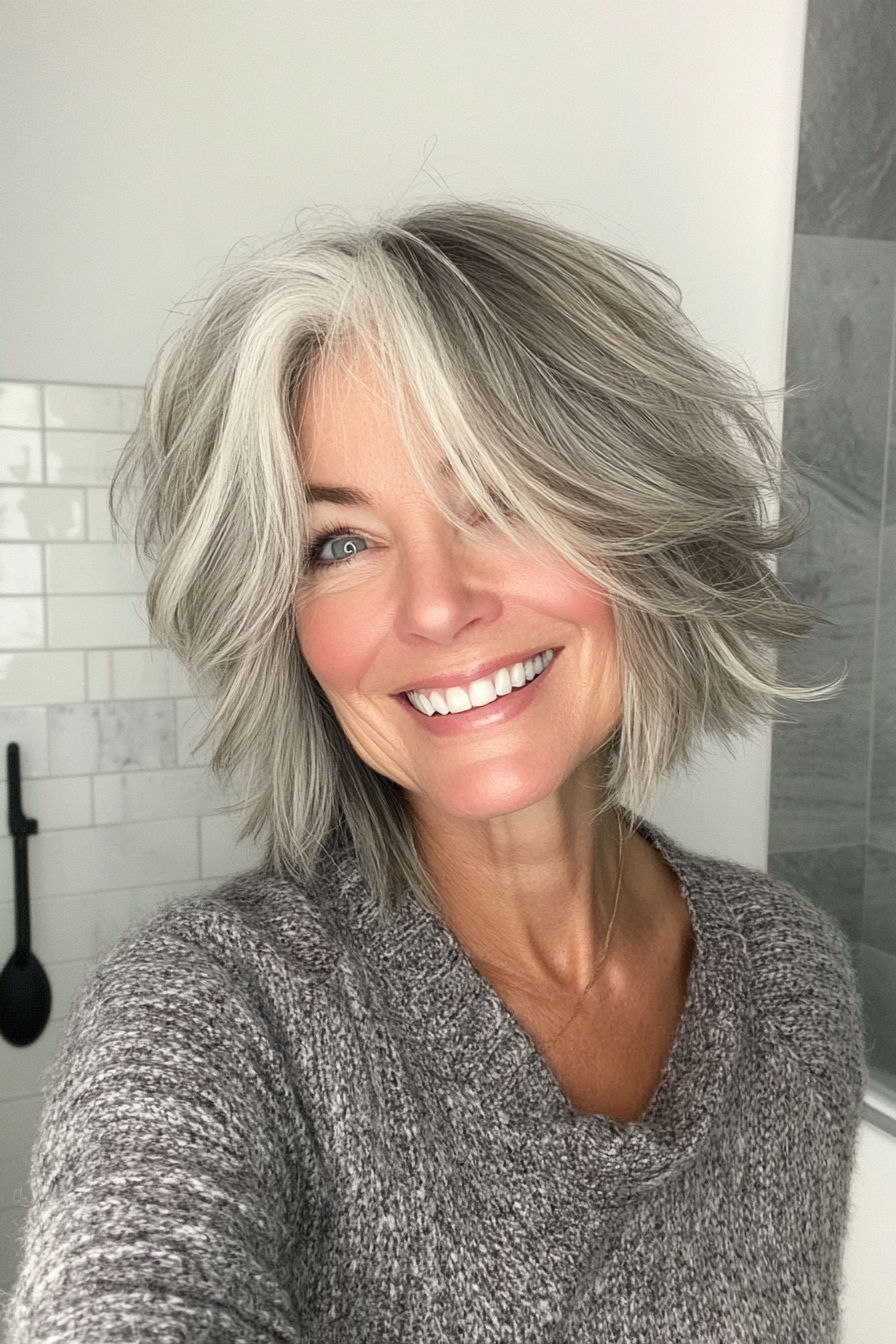 19. Shaggy Bob with Natural Gray Highlights (Shaggy Haircuts For Older Women) - Shaggy Haircuts For Older Women