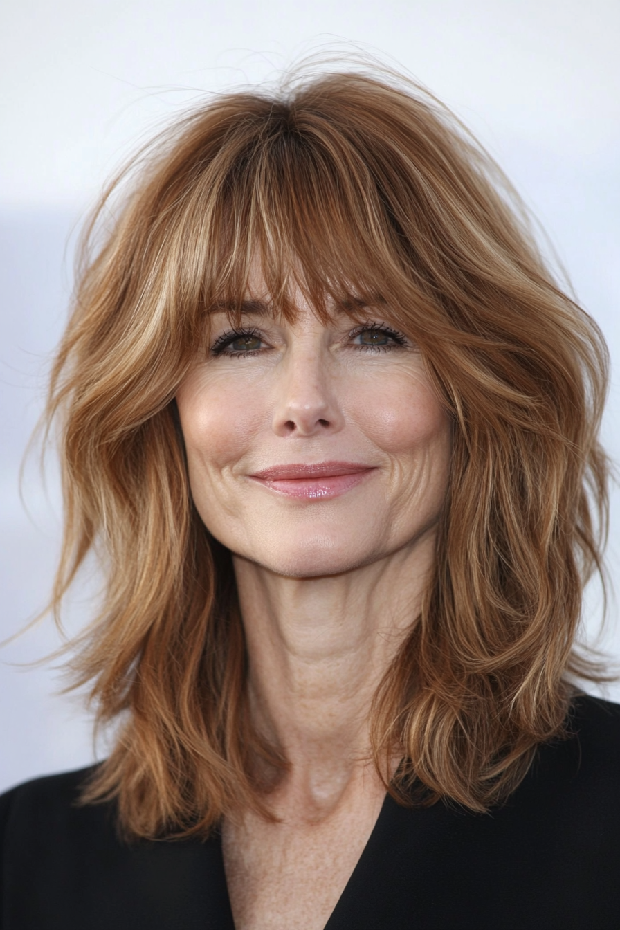 20. Wispy Light Brown Shag with Bangs (Shaggy Haircuts For Older Women) - Shaggy Haircuts For Older Women