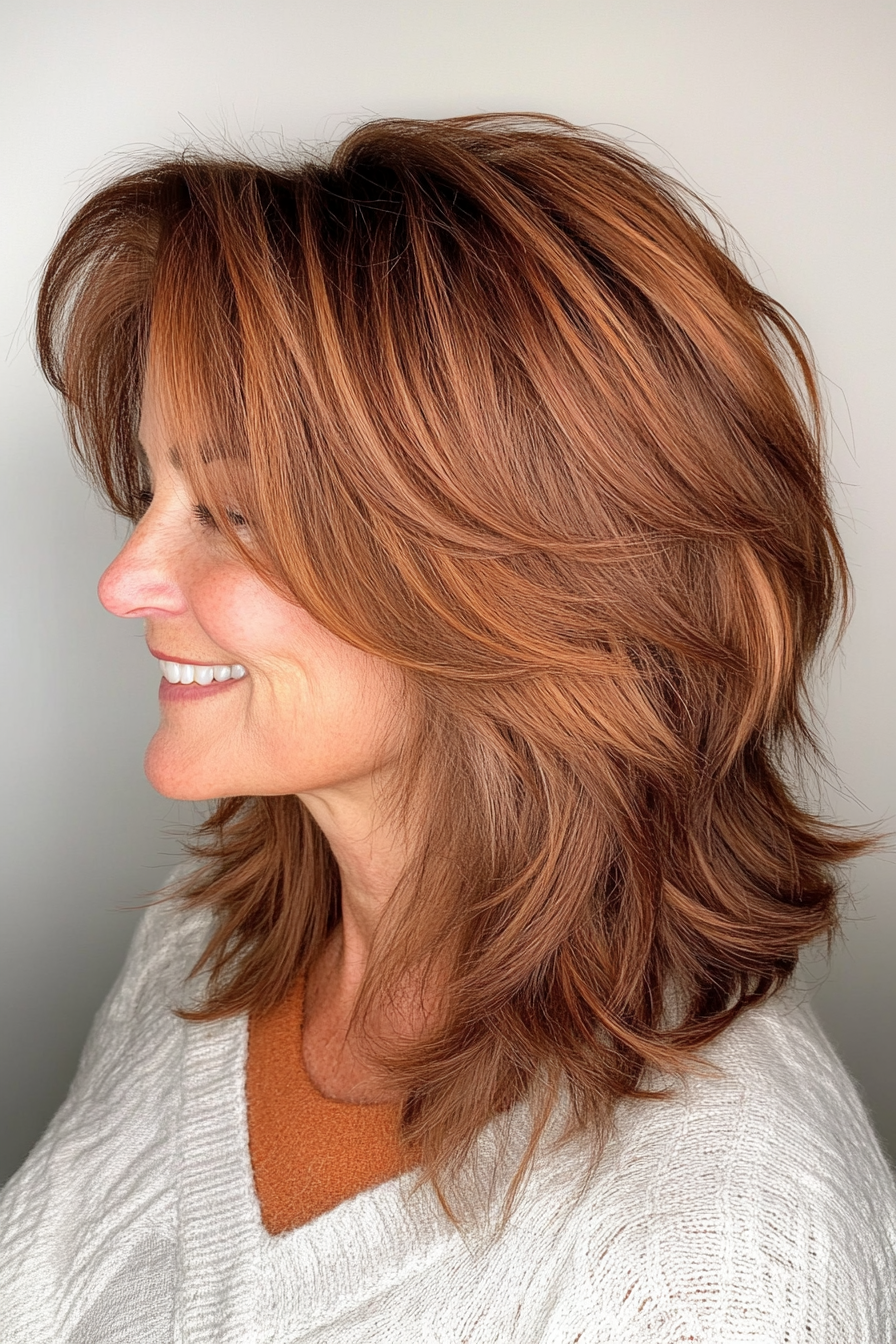 22. Layered Copper Brown Shag (Shaggy Haircuts For Older Women) - Shaggy Haircuts For Older Women