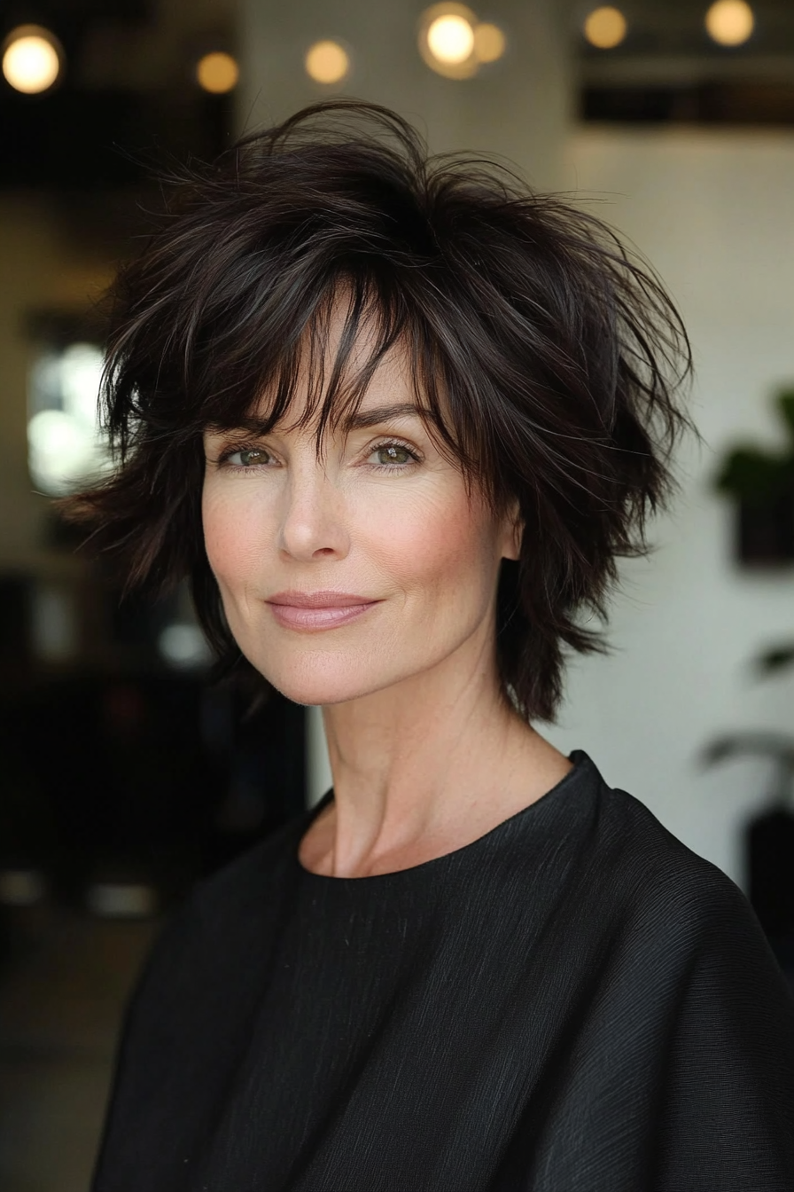 23. Short and Voluminous Dark Chocolate Shag (Shaggy Haircuts For Older Women) - Shaggy Haircuts For Older Women