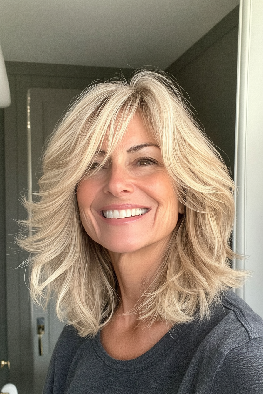 24. Medium-Length Sandy Blonde Shag (Shaggy Haircuts For Older Women) - Shaggy Haircuts For Older Women