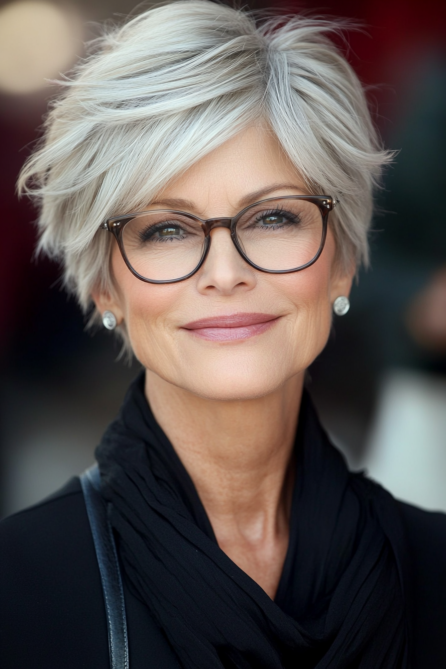1. Feathered Pixie with Soft Silver Highlights (Short Hairstyles For Women Over 70 With Glasses) - Short Hairstyles For Women Over 70 With Glasses