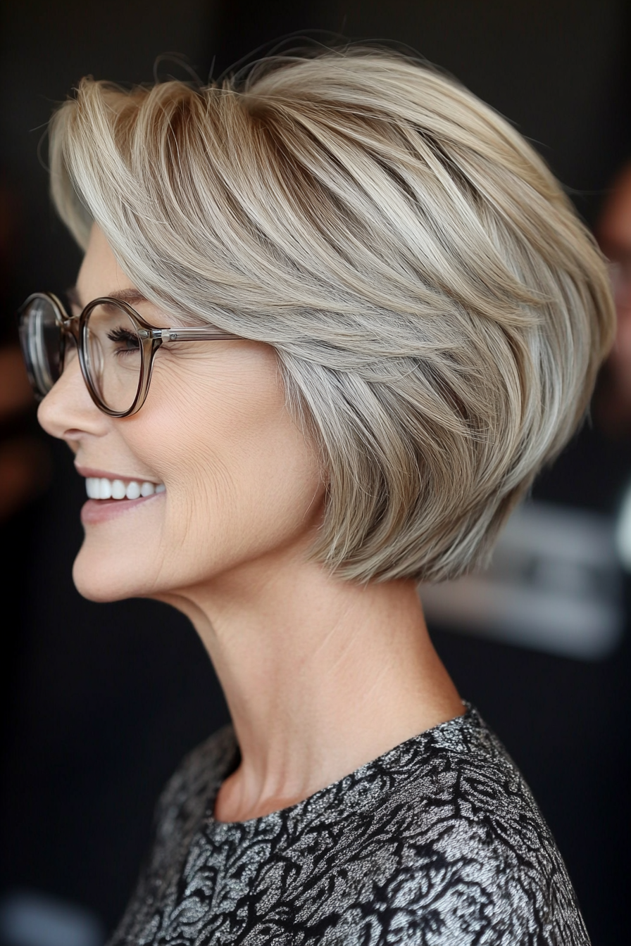 4. Soft Layered Bob in Ash Blonde (Short Hairstyles For Women Over 70 With Glasses) - Short Hairstyles For Women Over 70 With Glasses