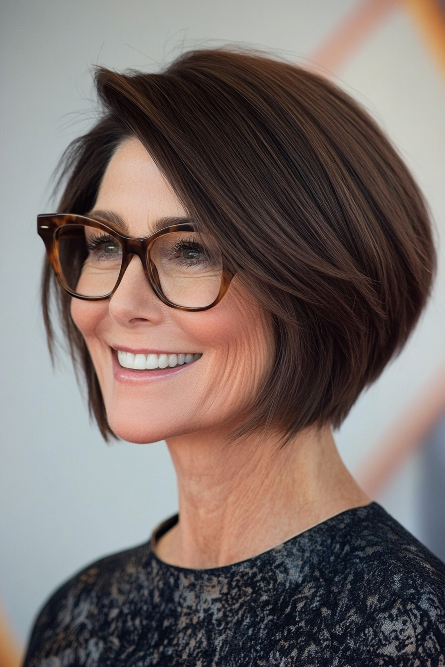 7. Asymmetrical Bob in Dark Chestnut (Short Hairstyles For Women Over 70 With Glasses) - Short Hairstyles For Women Over 70 With Glasses