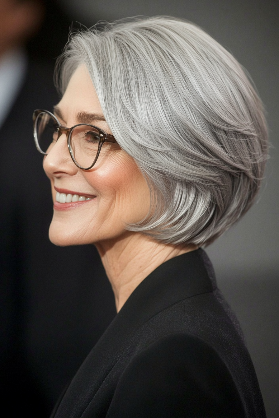 10. Layered French Bob in Soft Silver (Short Hairstyles For Women Over 70 With Glasses) - Short Hairstyles For Women Over 70 With Glasses