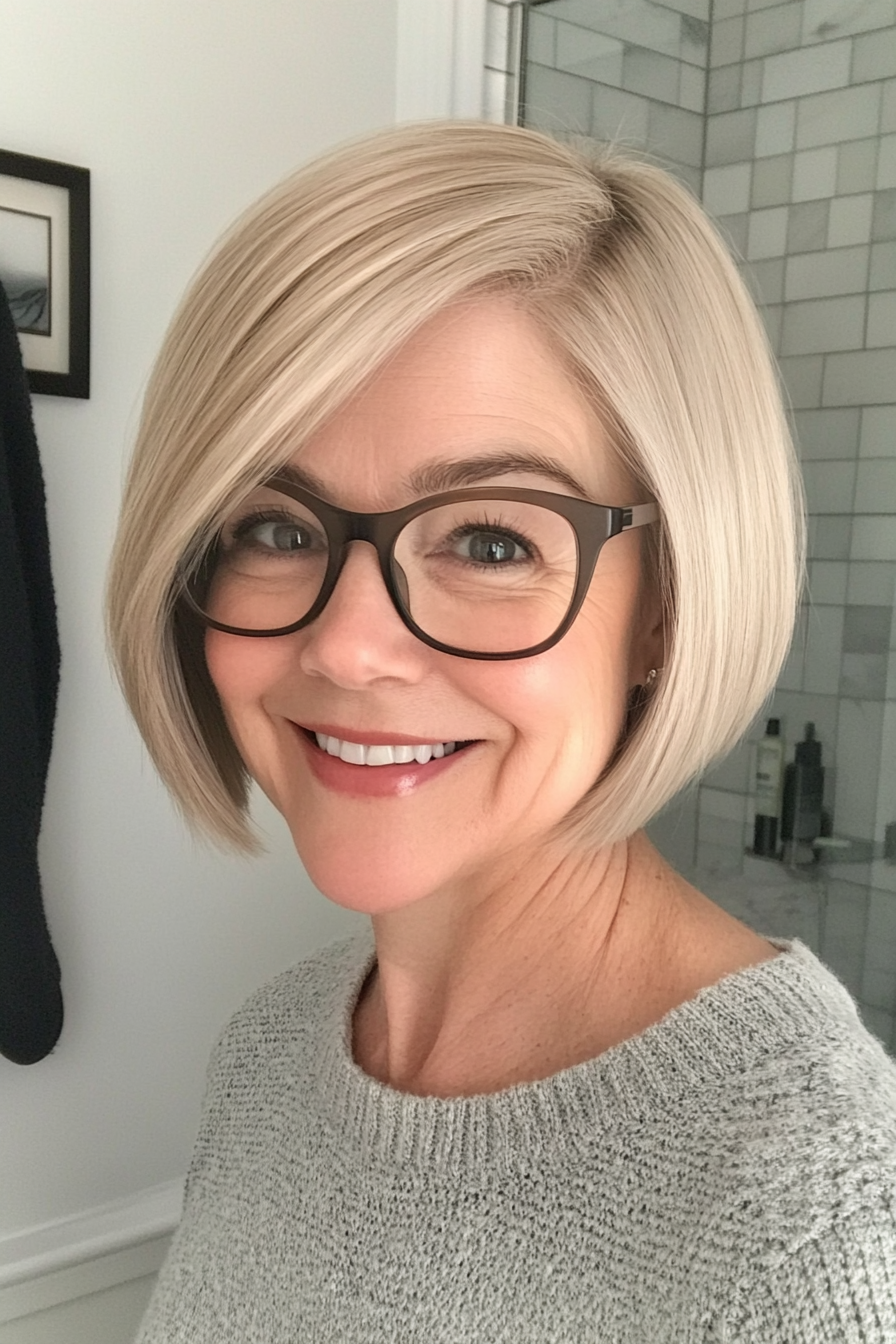 12. Chin-Length Blunt Cut in Sandy Blonde (Short Hairstyles For Women Over 70 With Glasses) - Short Hairstyles For Women Over 70 With Glasses