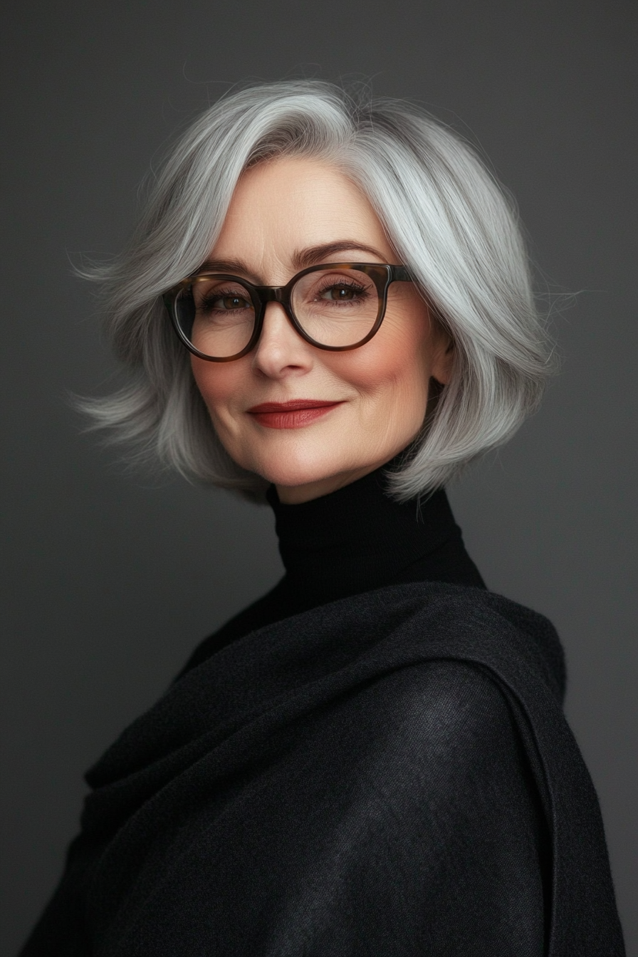 16. Short Stacked Bob in Smoky Gray (Short Hairstyles For Women Over 70 With Glasses) - Short Hairstyles For Women Over 70 With Glasses