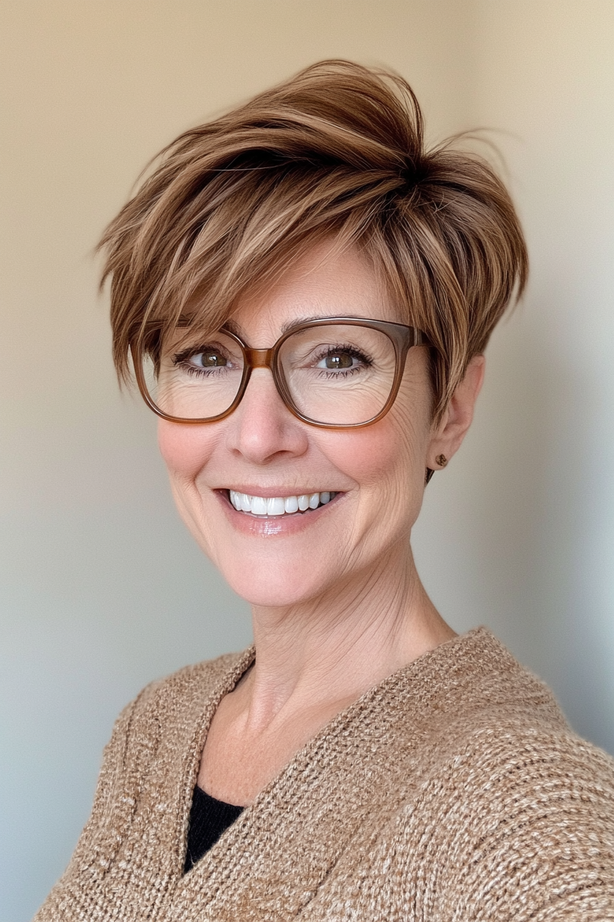 17. Modern Crop in Warm Caramel Brown (Short Hairstyles For Women Over 70 With Glasses) - Short Hairstyles For Women Over 70 With Glasses