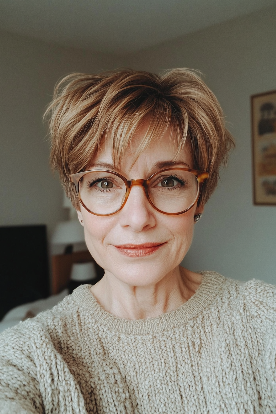 20. Boyish Crop in Warm Honey Brown (Short Hairstyles For Women Over 70 With Glasses) - Short Hairstyles For Women Over 70 With Glasses