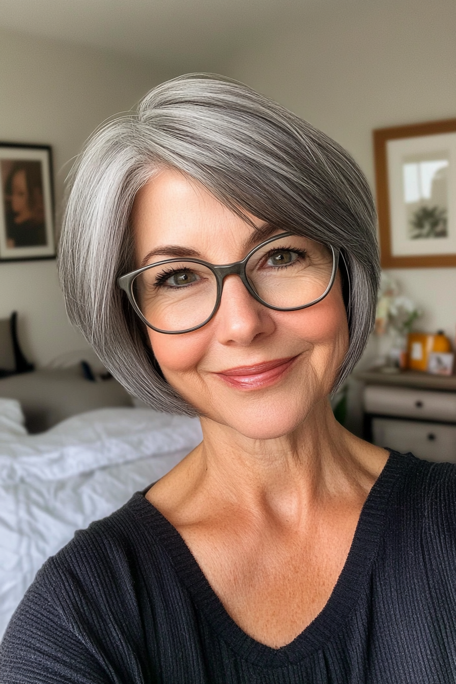 21. Tapered Bob in Charcoal Gray (Short Hairstyles For Women Over 70 With Glasses) - Short Hairstyles For Women Over 70 With Glasses
