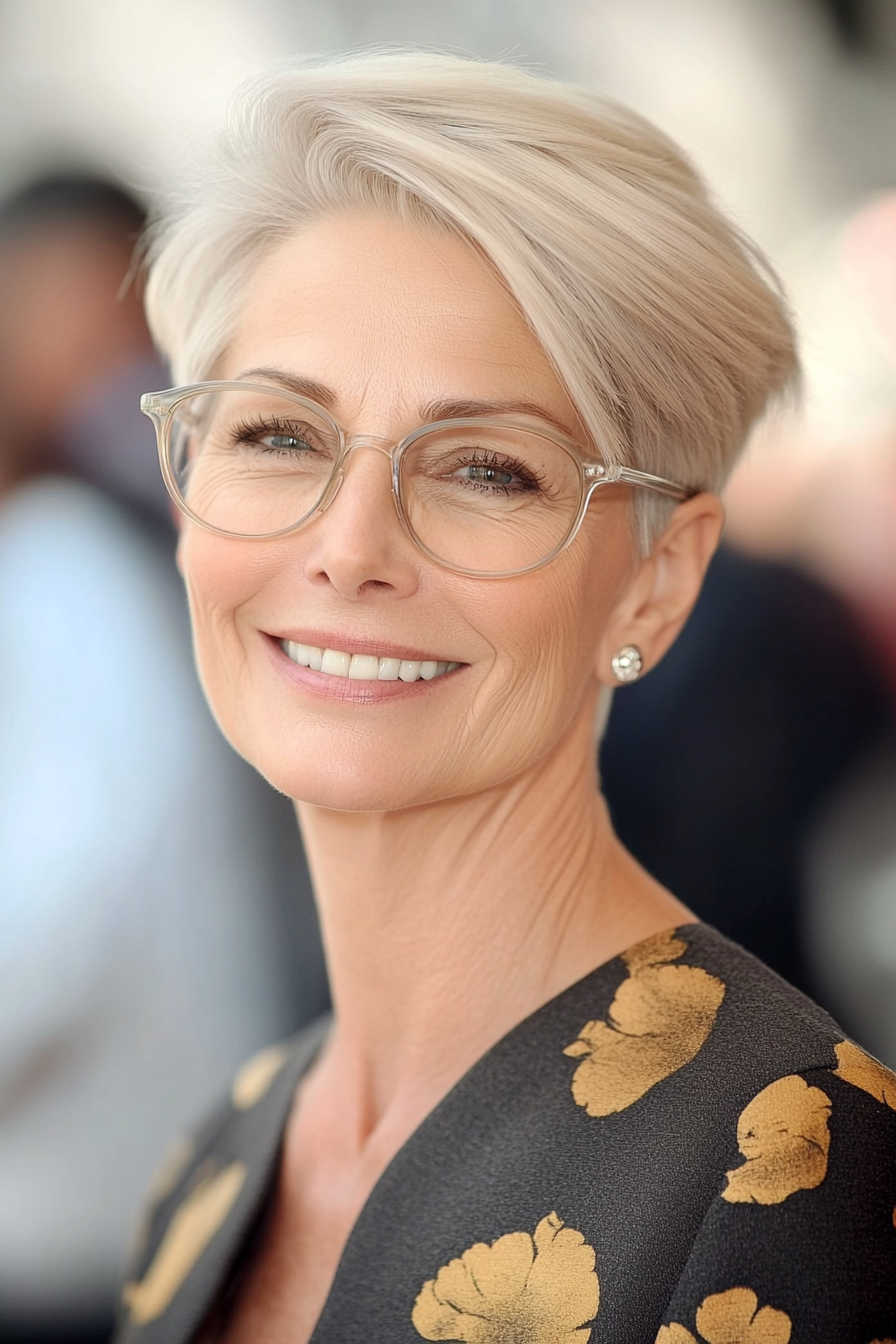 22. Side-Swept Pixie in Soft Platinum Blonde (Short Hairstyles For Women Over 70 With Glasses) - Short Hairstyles For Women Over 70 With Glasses