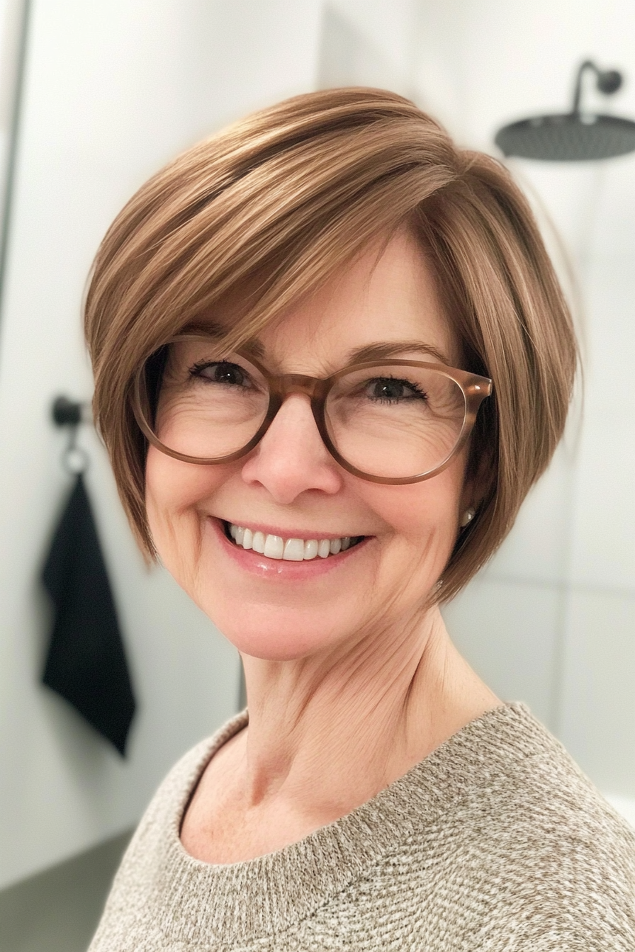 23. Neck-Length Bob in Warm Cinnamon Brown (Short Hairstyles For Women Over 70 With Glasses) - Short Hairstyles For Women Over 70 With Glasses