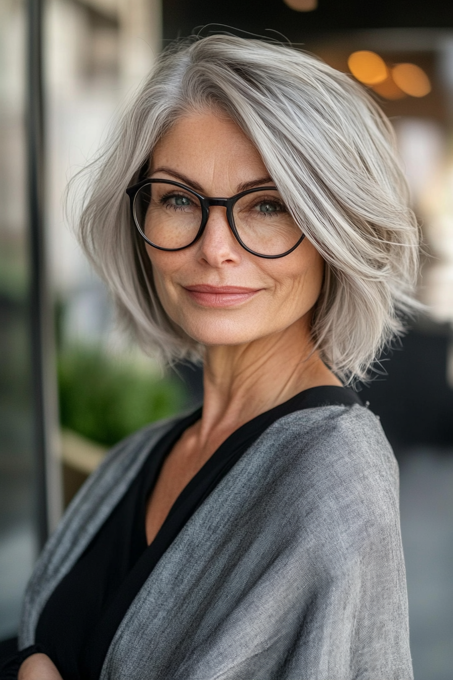 25. Effortless Tousled Bob in Silver-Gray (Short Hairstyles For Women Over 70 With Glasses) - Short Hairstyles For Women Over 70 With Glasses