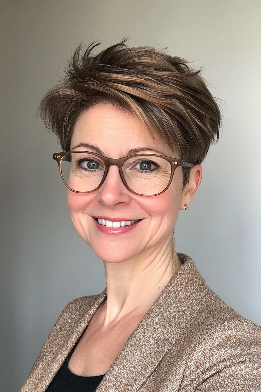 26. Edgy Pixie in Ashy Brown (Short Hairstyles For Women Over 70 With Glasses) - Short Hairstyles For Women Over 70 With Glasses