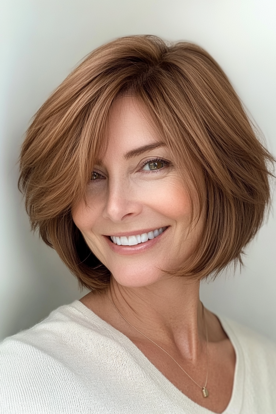 1. Soft Layered Bob in Chestnut Brown (Short Hairstyles For Women Over 40) - Short Hairstyles For Women Over 40
