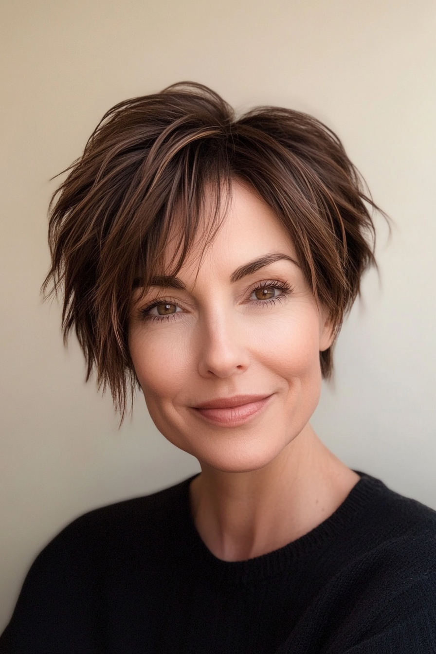 2. Choppy Pixie Cut in Deep Brunette (Short Hairstyles For Women Over 40) - Short Hairstyles For Women Over 40