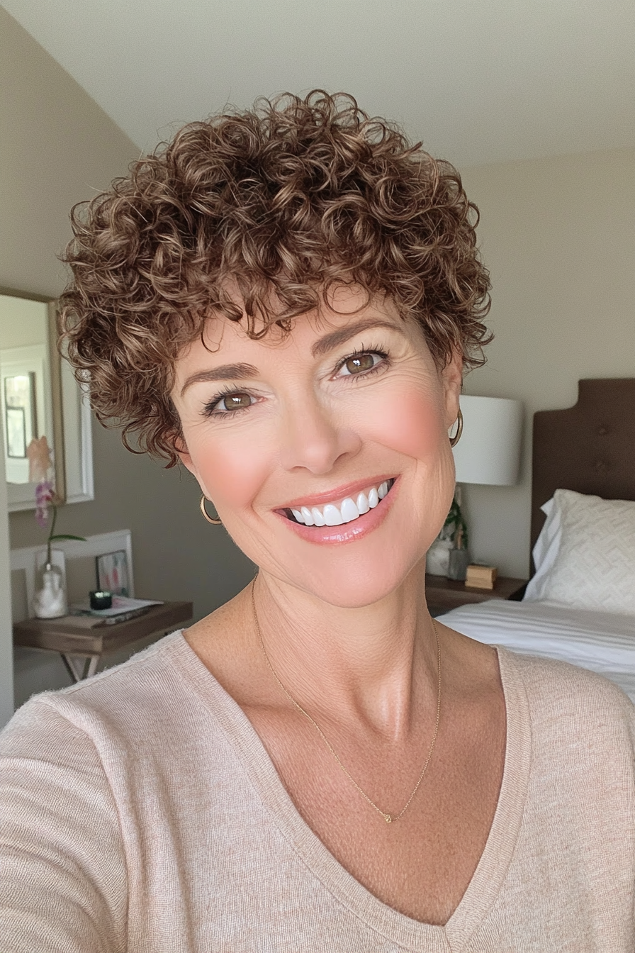 5. Curly Tapered Cut in Honey Brown (Short Hairstyles For Women Over 40) - Short Hairstyles For Women Over 40