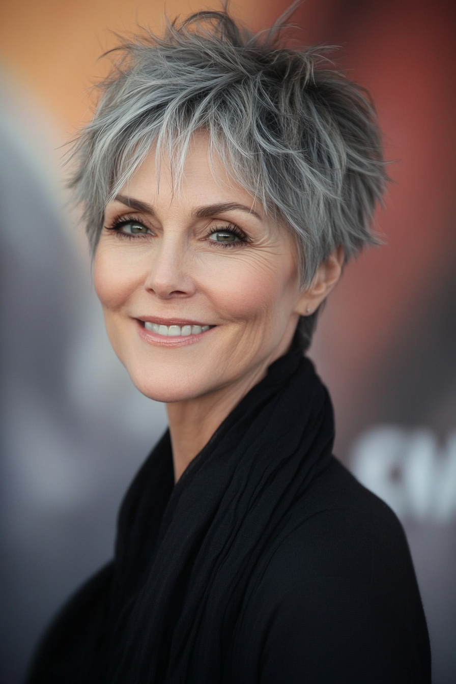 7. Layered Pixie in Salt & Pepper (Short Hairstyles For Women Over 40) - Short Hairstyles For Women Over 40