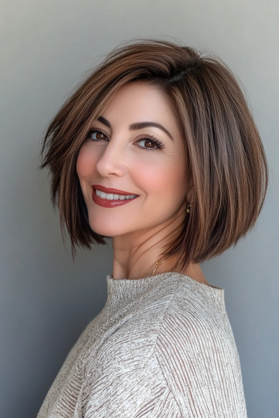 8. Side-Parted Sleek Bob in Espresso Brown (Short Hairstyles For Women Over 40) - Short Hairstyles For Women Over 40