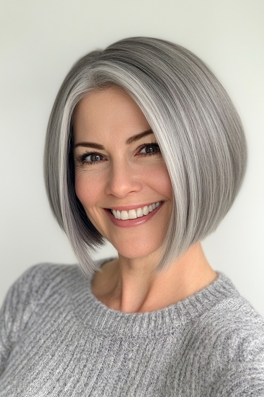 11. Sleek Chin-Length Bob in Smoky Gray (Short Hairstyles For Women Over 40) - Short Hairstyles For Women Over 40