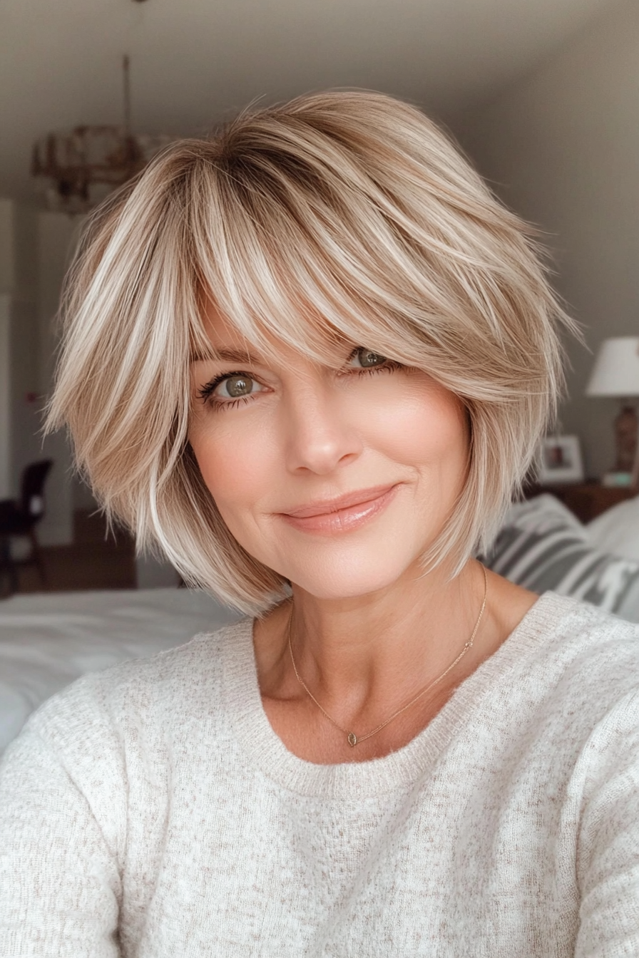 13. Textured Bob with Wispy Bangs in Sandy Blonde (Short Hairstyles For Women Over 40) - Short Hairstyles For Women Over 40