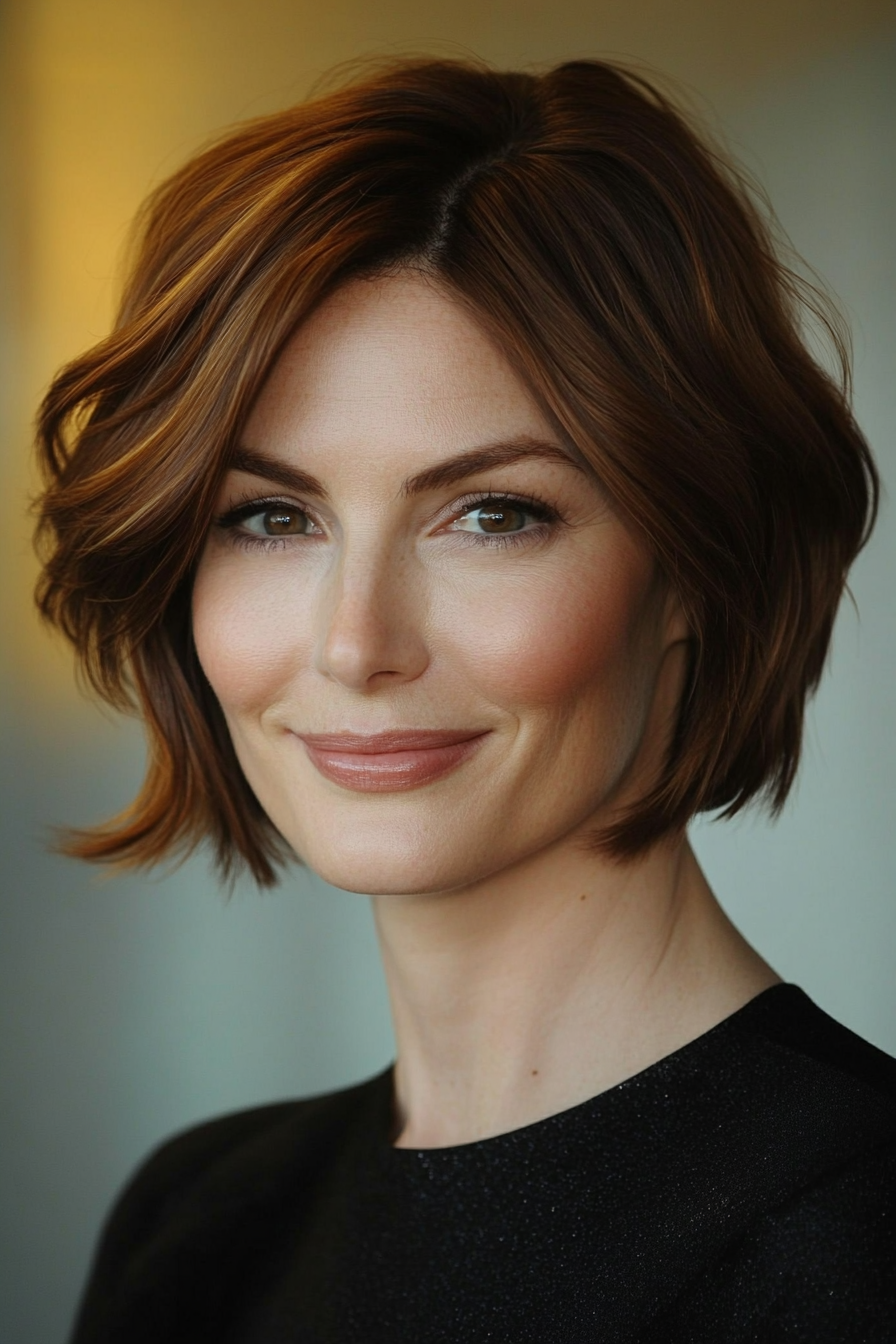 15. Ear-Length Bob in Mahogany Brown (Short Hairstyles For Women Over 40) - Short Hairstyles For Women Over 40