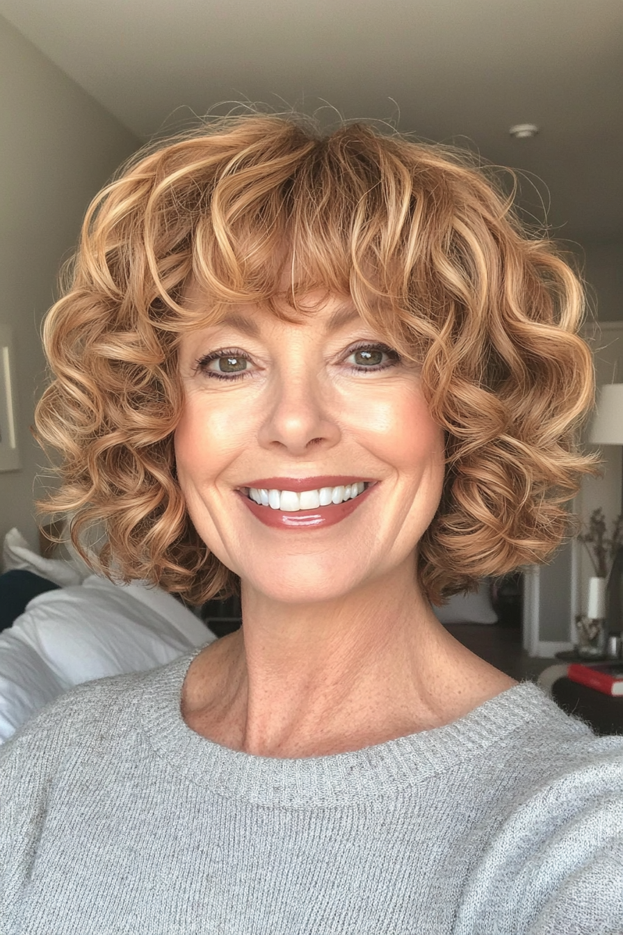 19. Soft Curly Bob in Warm Honey Blonde (Short Hairstyles For Women Over 40) - Short Hairstyles For Women Over 40