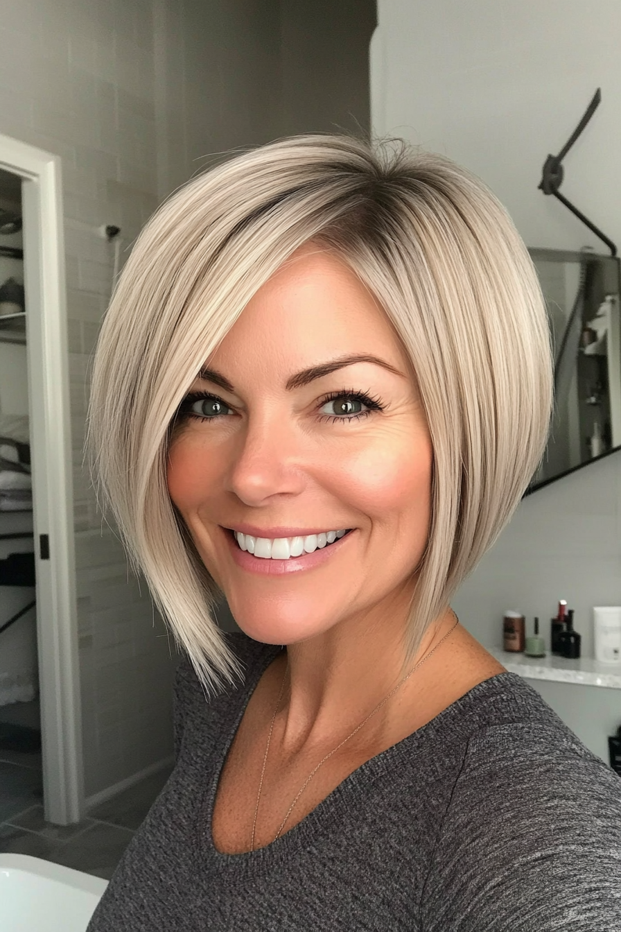 20. Short Angled Bob in Icy Blonde (Short Hairstyles For Women Over 40) - Short Hairstyles For Women Over 40