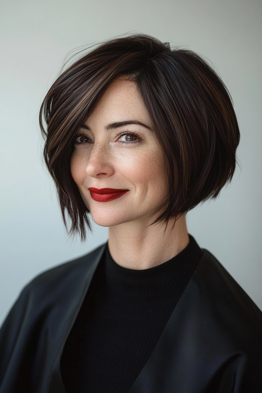 22. Side-Swept Crop in Deep Espresso (Short Hairstyles For Women Over 40) - Short Hairstyles For Women Over 40