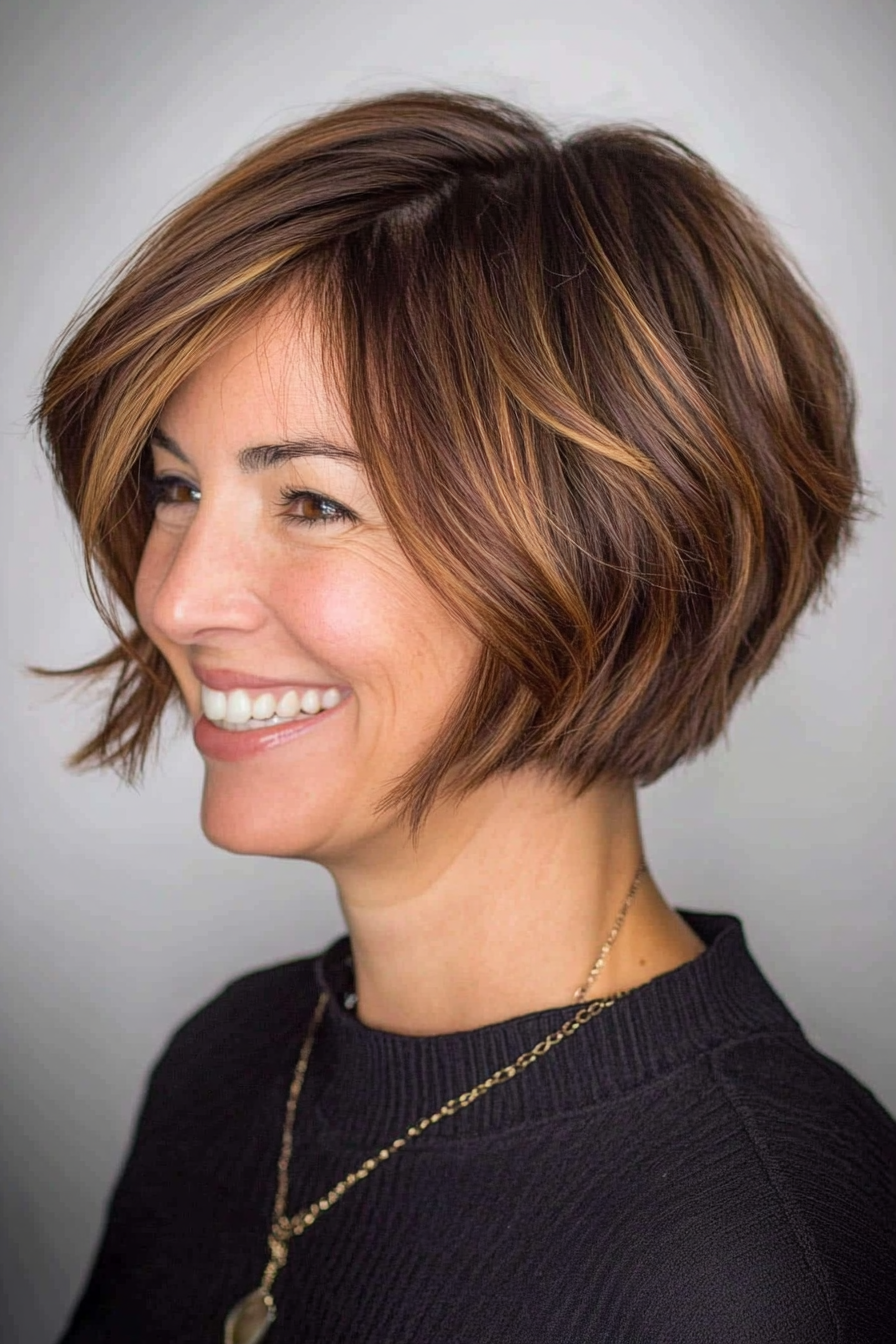 23. Choppy Layered Bob in Cinnamon Brown (Short Hairstyles For Women Over 40) - Short Hairstyles For Women Over 40